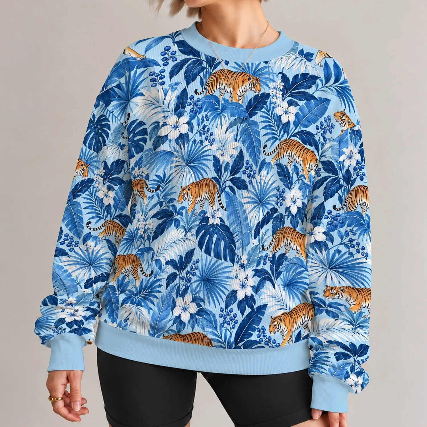 Blue Tiger and Tropical Foliage for Travel Adventures and Everyday Nature Lovers All-over Print Knitted Sweater - 1