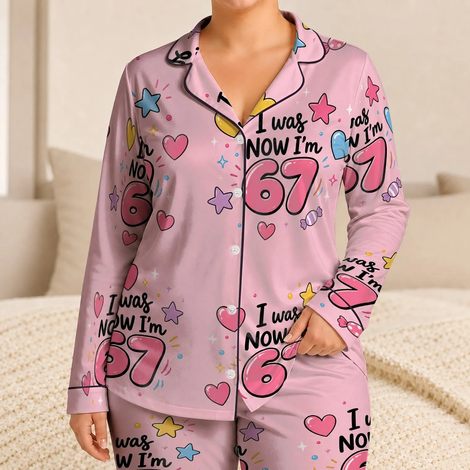 Sweet 67 Heart And Star Birthday Lounge Gift For Girls Cozy Home Wear Celebration Satin Pajamas Set - 1
