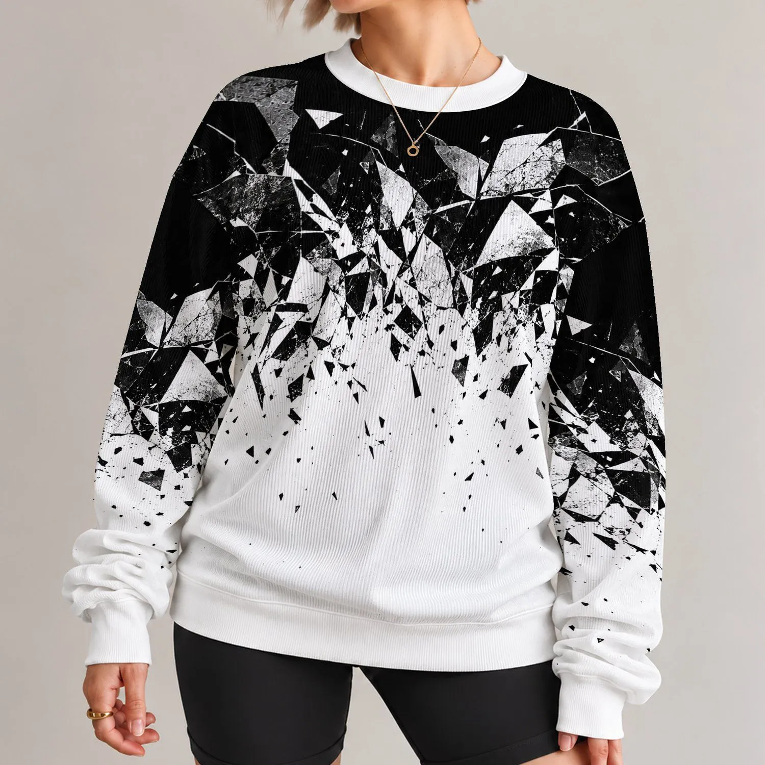 Black And White Shattered Crystal Fade For Modern Streetwear And Everyday Casual Style All-over Print Knitted Sweater - 1