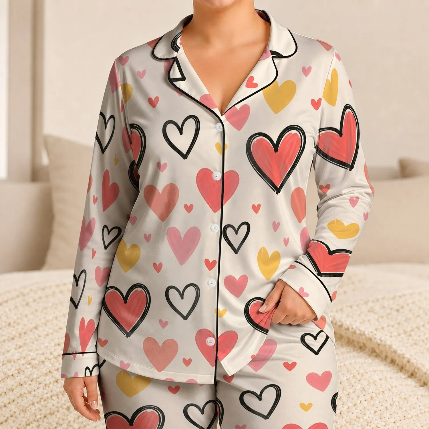 Colorful Heart Scatter for Cozy Valentine Evenings, Sweet Nights, and Home Comfort Satin Pajamas Set - 1