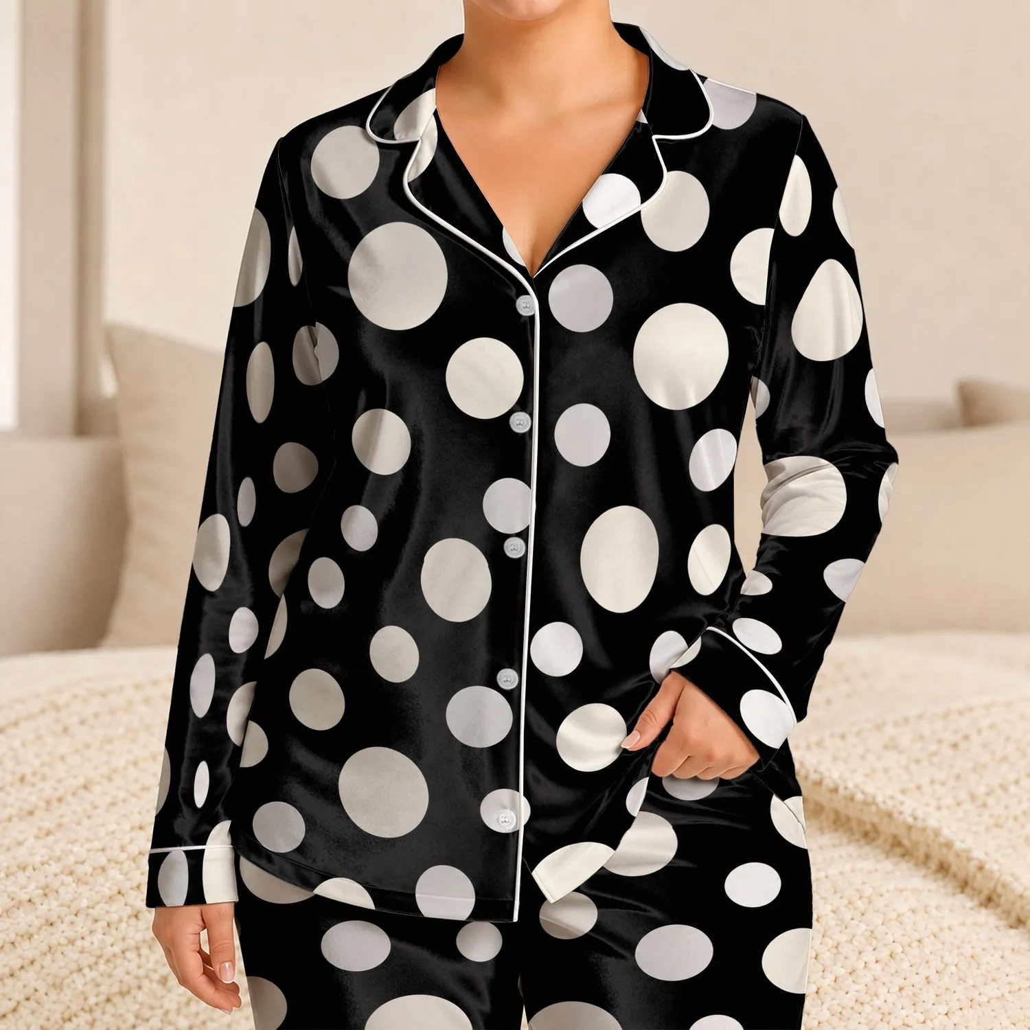 Retro Black And Ivory Polka Dots For Cozy Lounging, Sleepovers, And Gift Giving At Home Satin Pajamas Set - 1