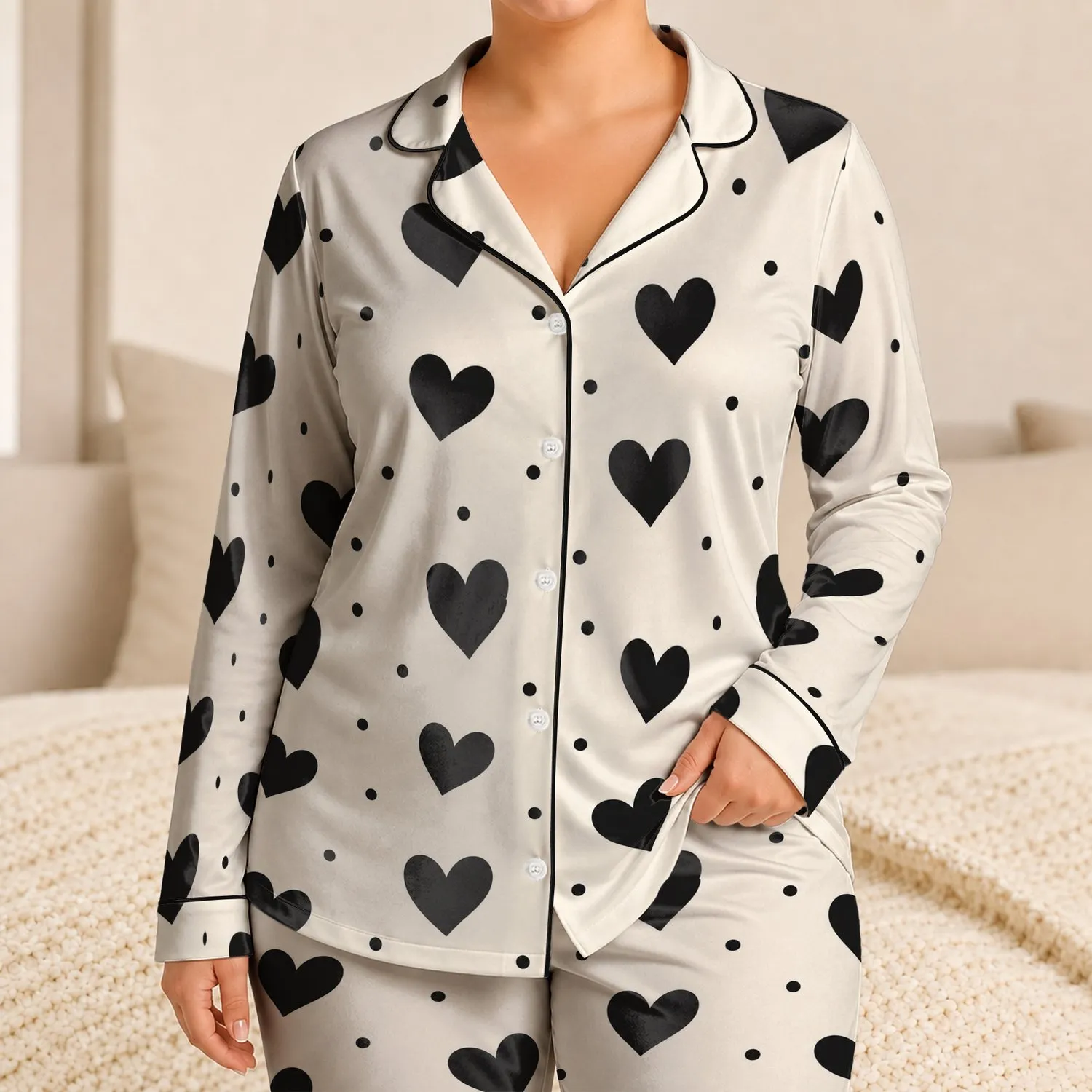 Black Heart And Polka Dot Cozy Valentine Lounge Look For Home Relaxing Everyday Wear Satin Pajamas Set - 1