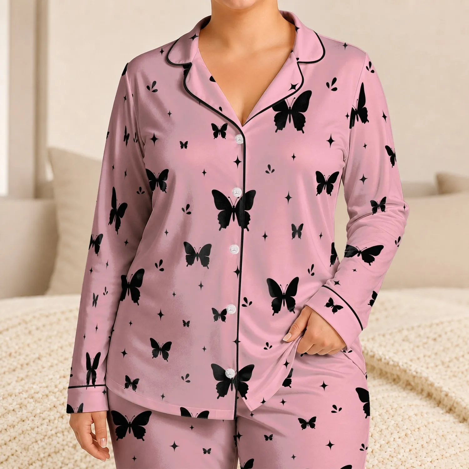 Matte Black Butterfly Scatter For Cozy Lounge Nights And Giftable Bedtime Outfits Satin Pajamas Set - 1