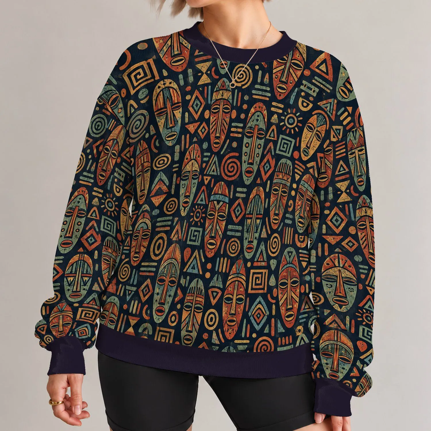 Folk Mask And Geometric Motifs For Creative Everyday Wear And Artful Street Style All-over Print Knitted Sweater - 1