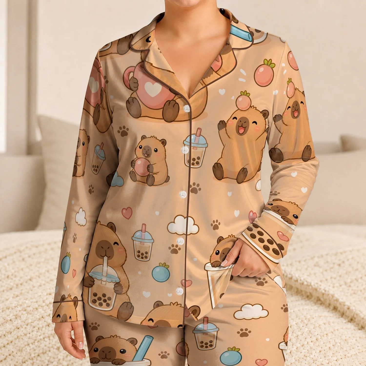 Cute Capybara Bubble Tea Motif For Cozy Nights, Gift Giving, And Calm Home Style Satin Pajamas Set - 1