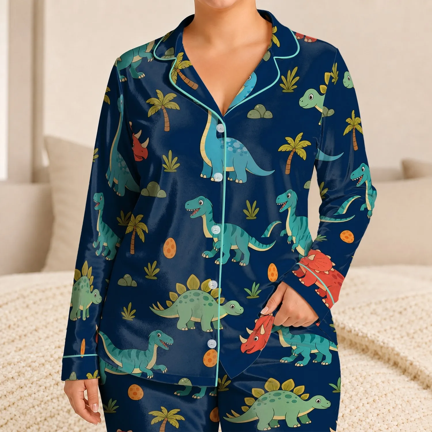 Retro Dinosaur Motifs in Navy for Cozy Family Nights and Weekend Lounging Attire Satin Pajamas Set - 1