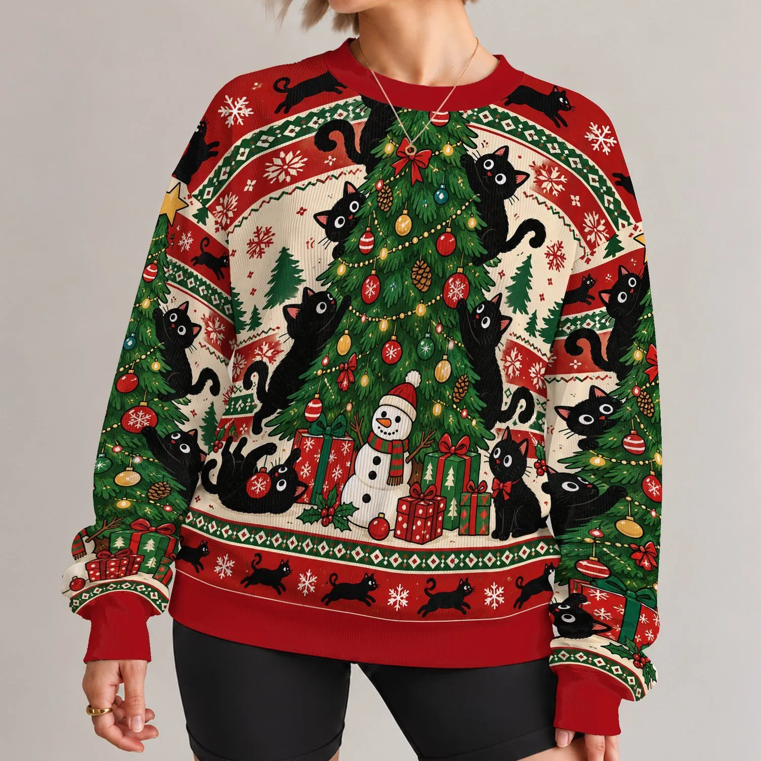 Black Cats Around a Christmas Tree for Holiday Parties and Festive Winter Celebrations All-over Print Knitted Sweater - 1