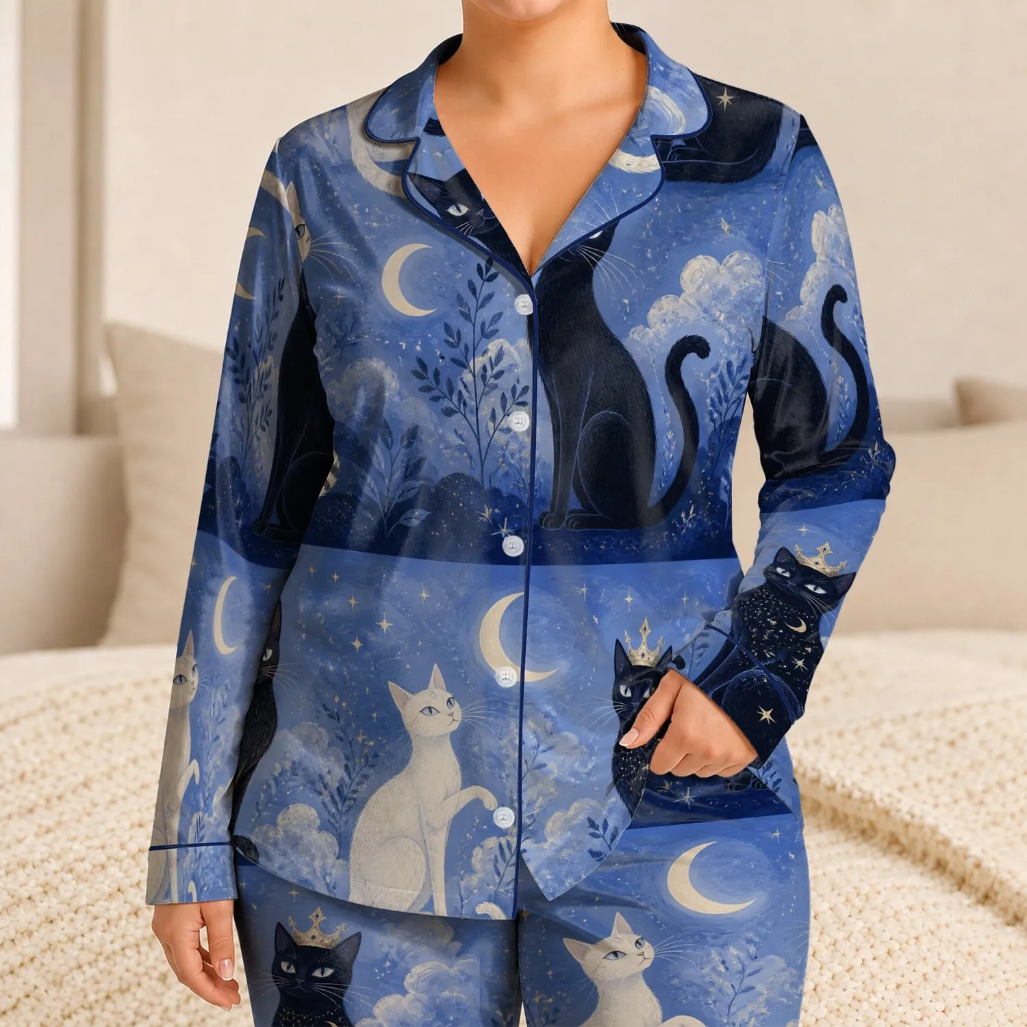Moonlit Cat Crown Scene for Cozy Nights and Cat Lovers, Vintage Storybook Charm Satin Pajamas Set - 1