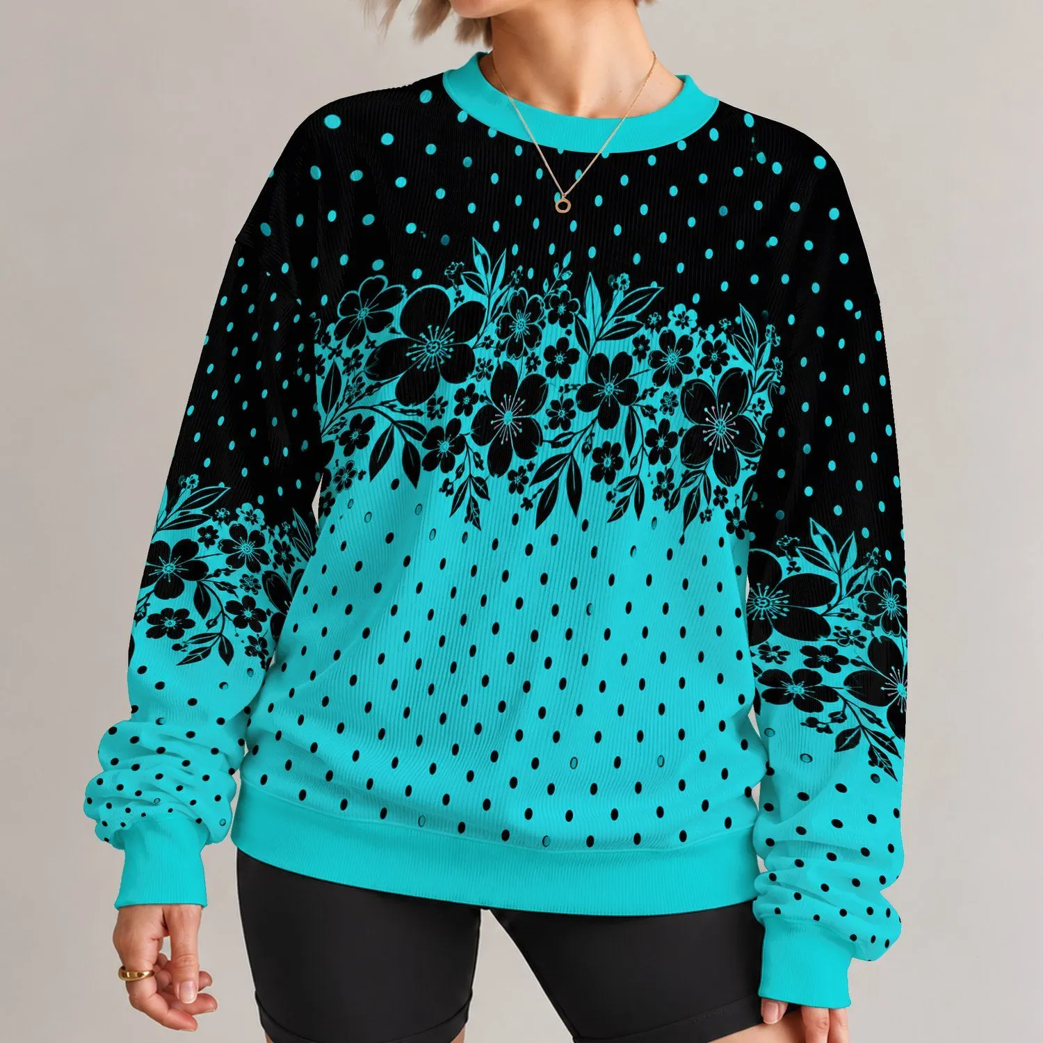 Turquoise And Black Floral Dots For Casual Walks And Relaxed Weekend Wear All-over Print Knitted Sweater - 1