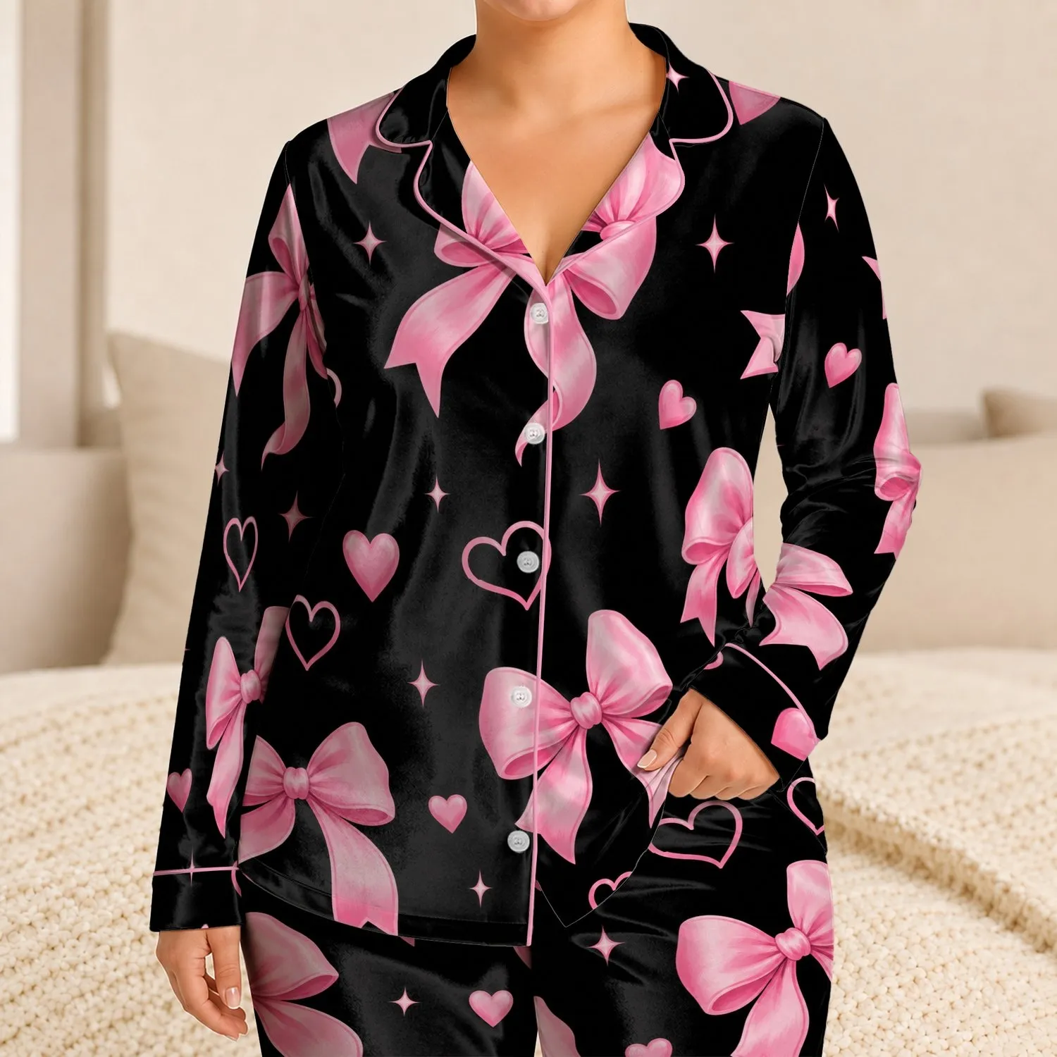Pink Bow Night Party Look for Women, Cozy Holiday Evening Gift Style for Relaxed Home Satin Pajamas Set - 1