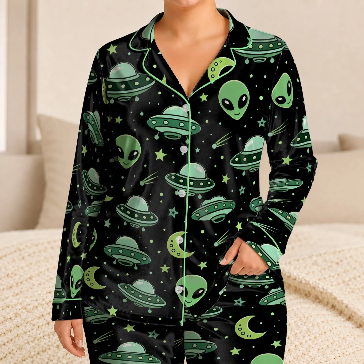 Retro Alien UFO Moon Gift for Holiday Nights, Women's Cozy At-Home Style Favorite Satin Pajamas Set - 1