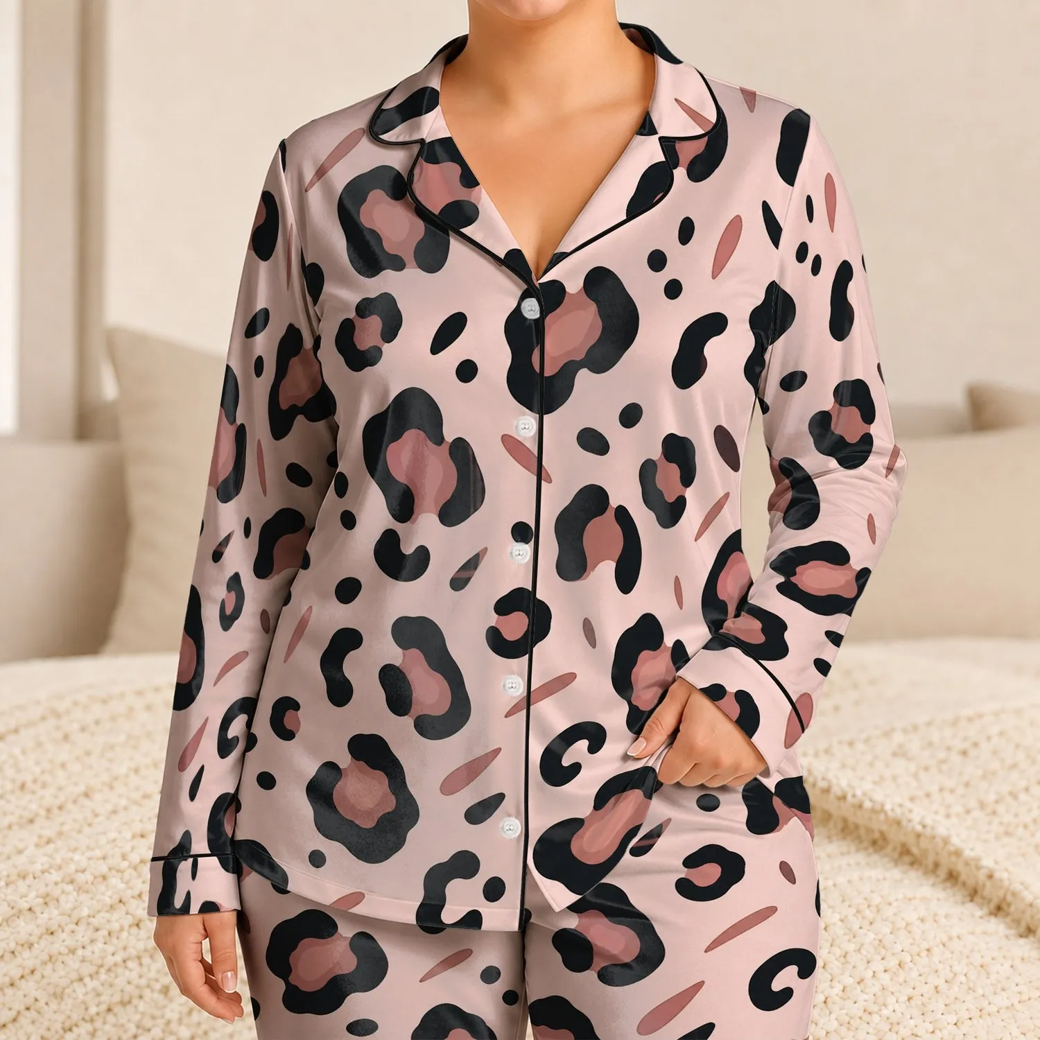 Blush Leopard Spot Loungewear For Cozy Nights At Home For Women Satin Pajamas Set - 1