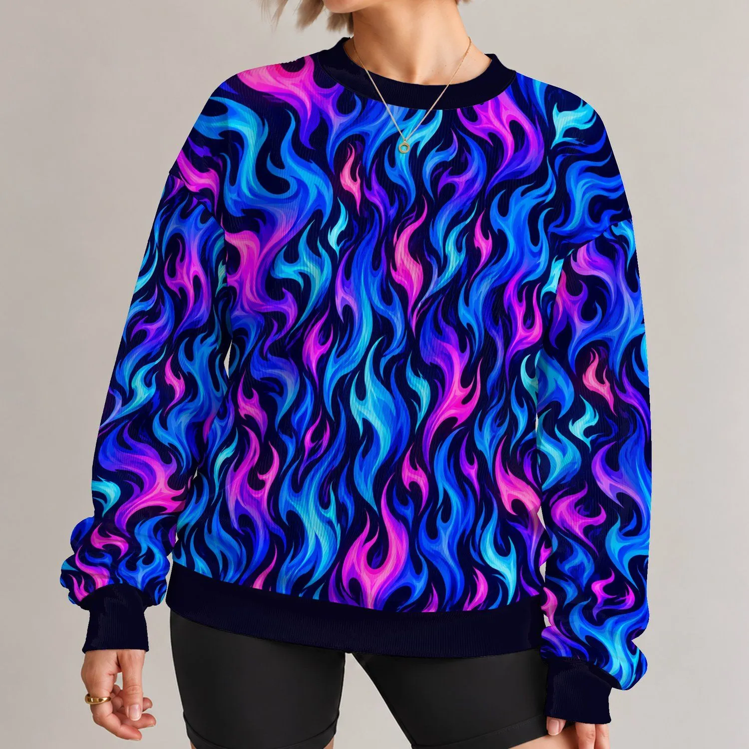 Neon Blue And Magenta Flames For Concert Nights And Bold Streetwear All-over Print Knitted Sweater - 1