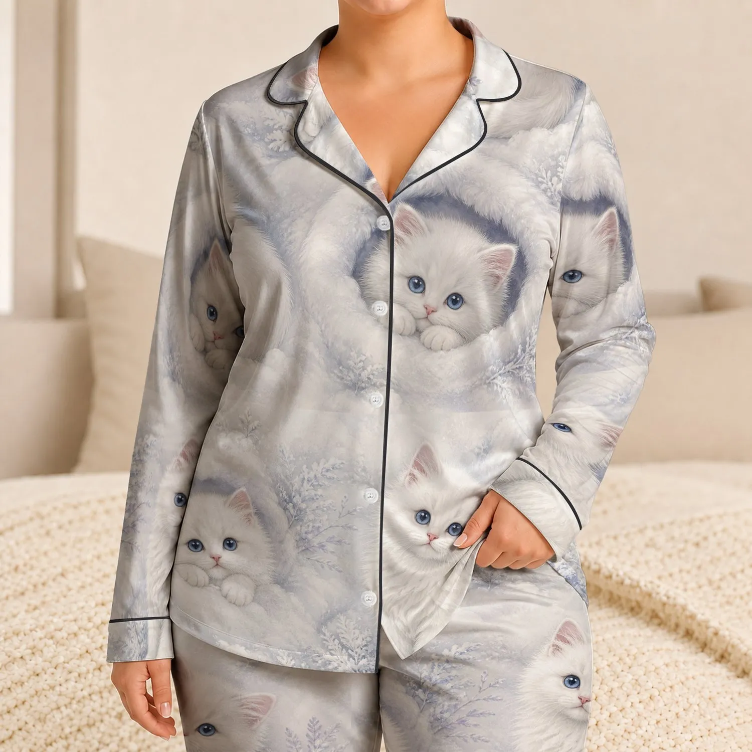 Fluffy White Kittens Cozy Winter Gift For Cat Lovers, Soft Bedtime Charm At Home Satin Pajamas Set - 1