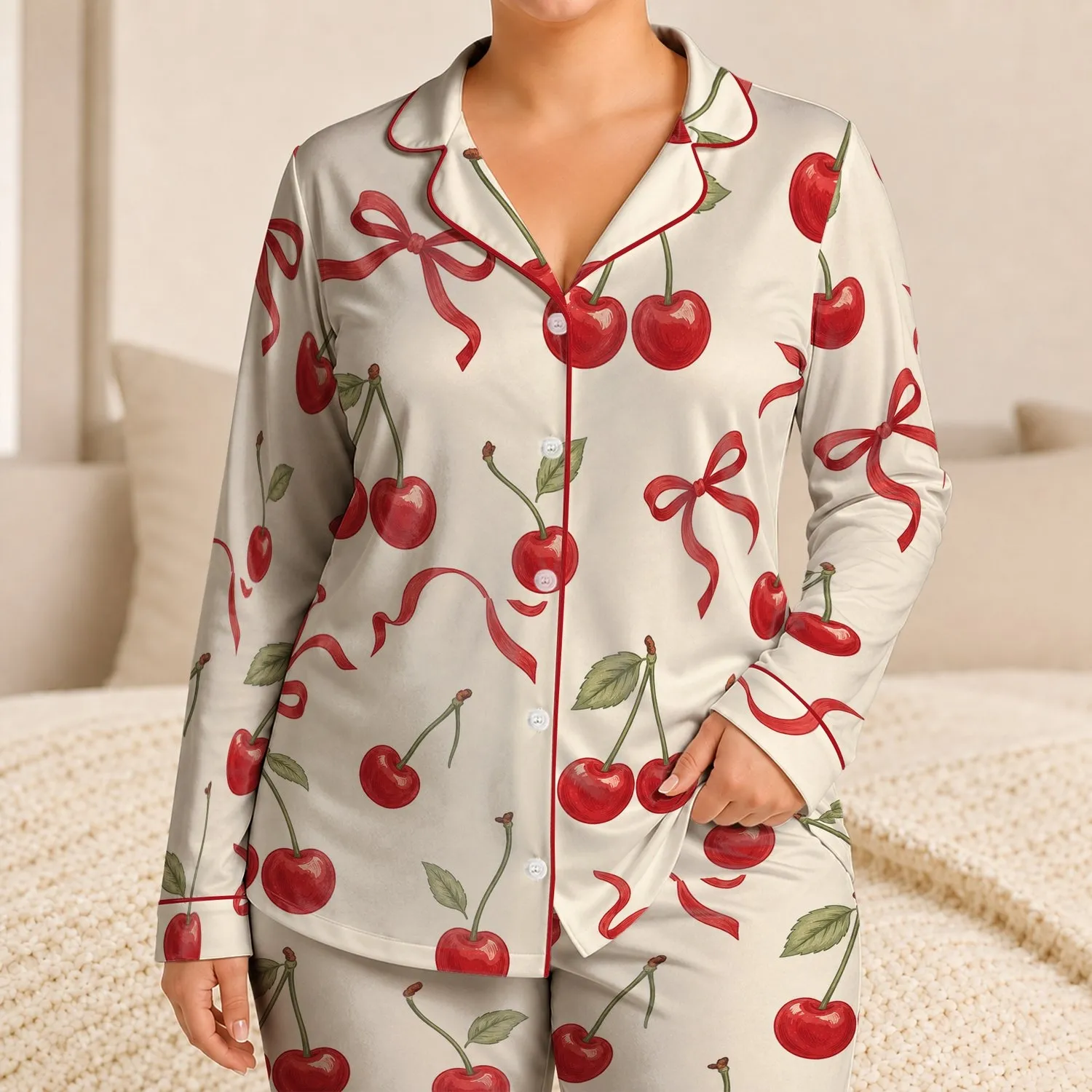 Vintage Cherry Bows For Cozy Evening Style At Home And Feminine Everyday Comfort Satin Pajamas Set - 1