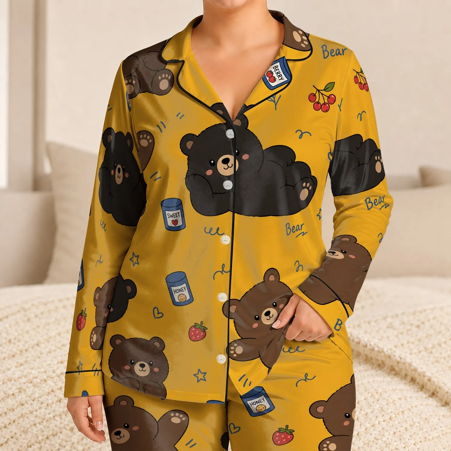 Cute Bear Doodle Sleep Set for Cozy Nights, Women's Loungewear, Mustard Brown Gift Satin Pajamas Set - 1