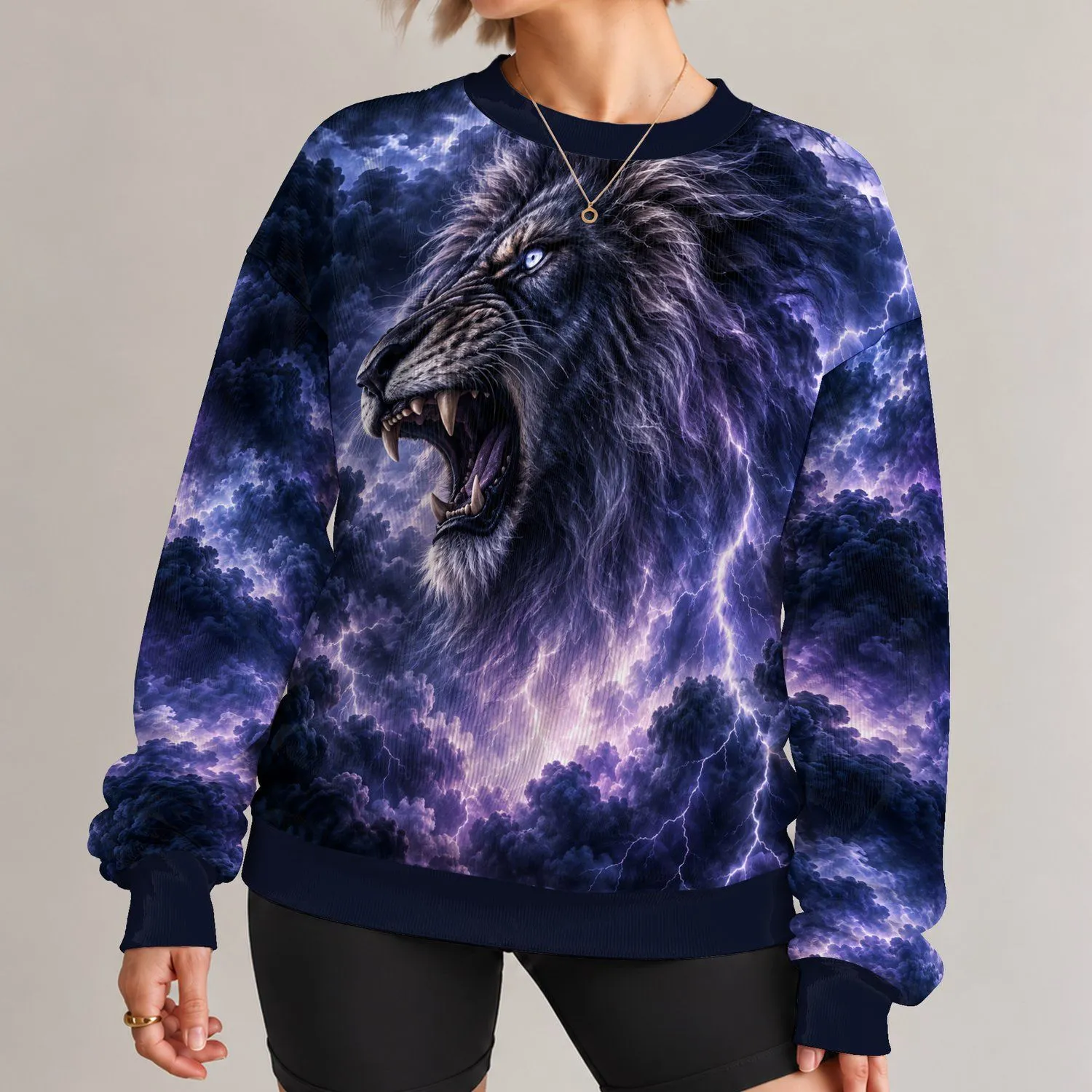 Roaring Lion and Violet Lightning Storm for Bold Everyday Streetwear All-over Print Knitted Sweater - 1