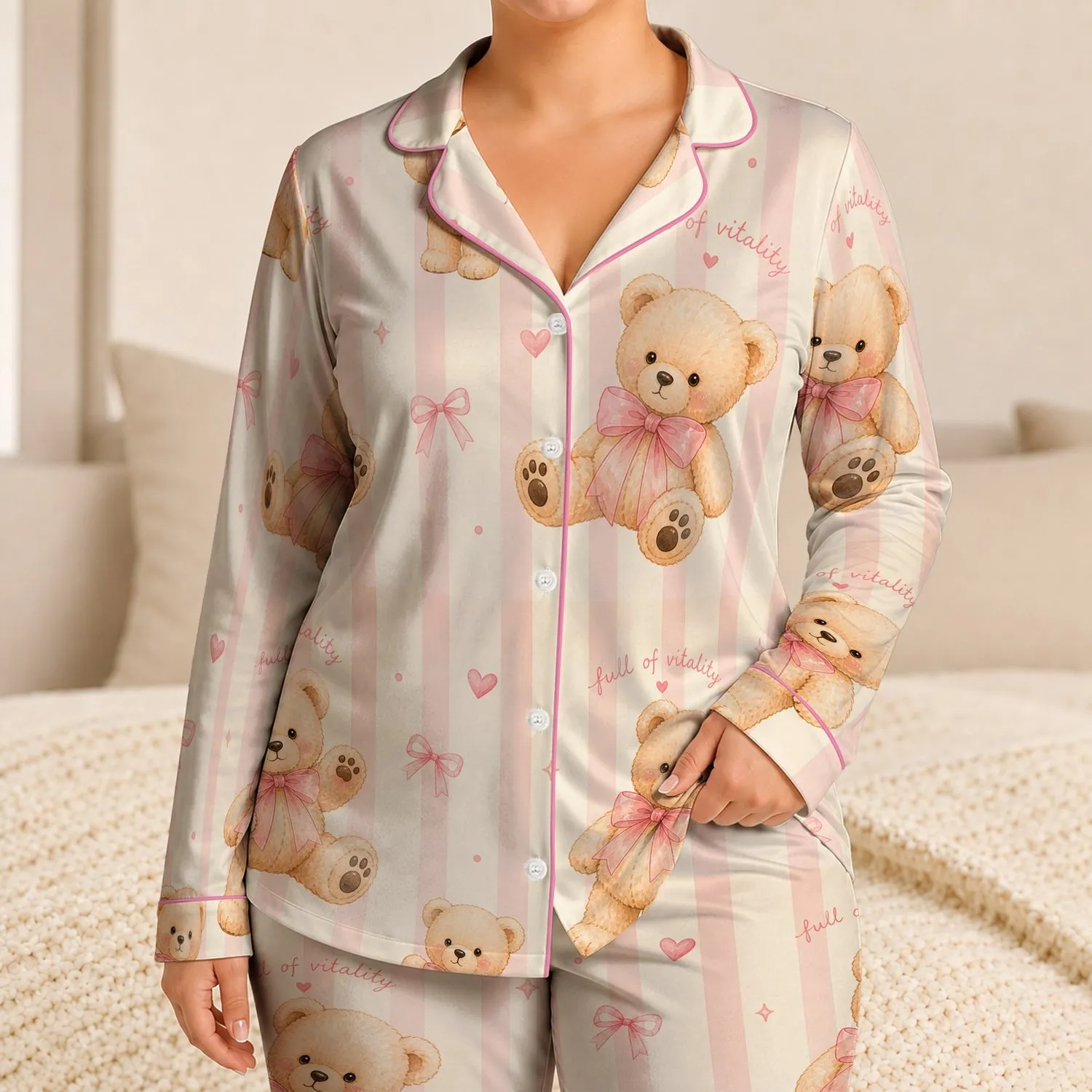 Pastel Teddy Bear Stripes Cozy Bedtime Loungewear for Women and Gift Givers At Home Satin Pajamas Set - 1