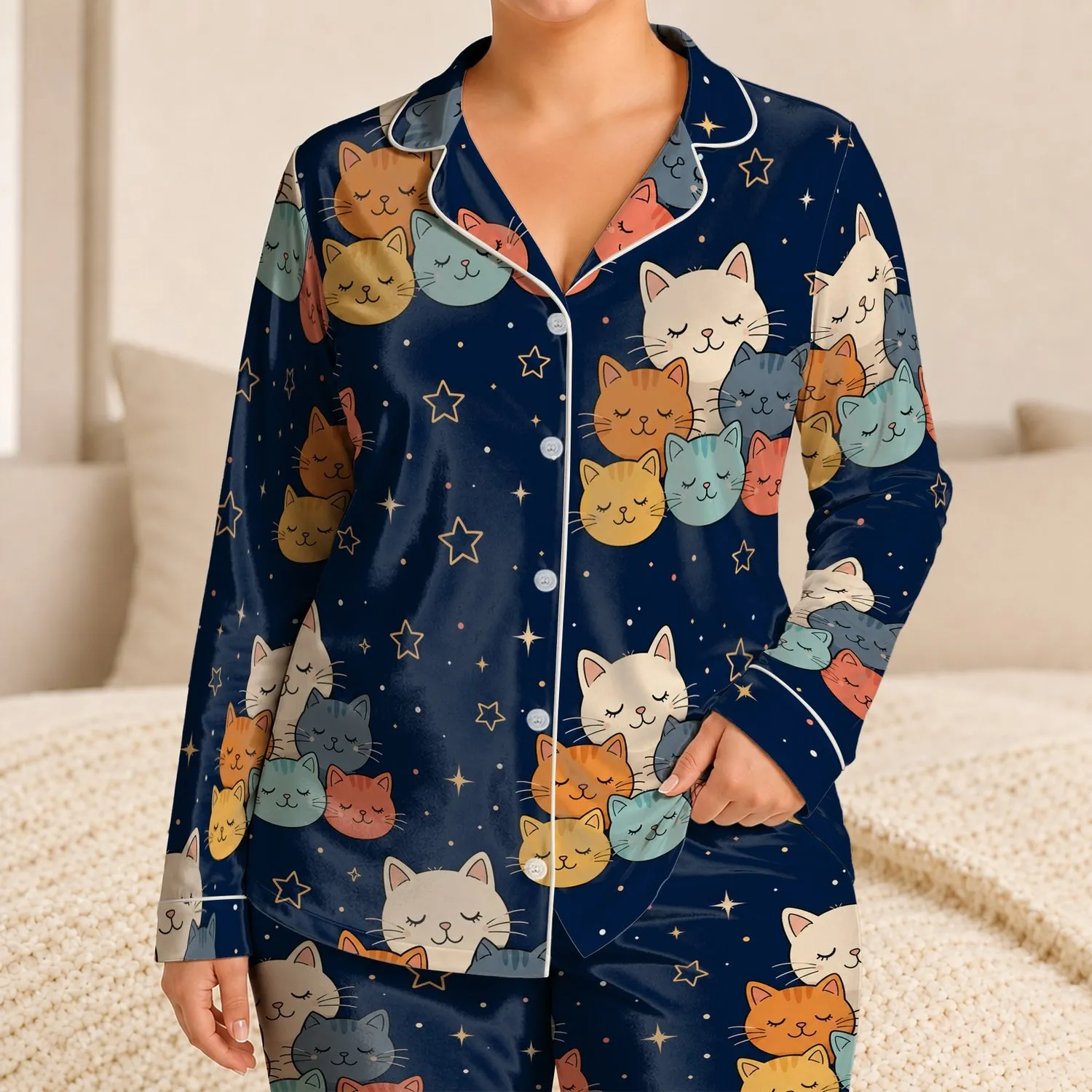 Adorable Sleepy Cats With Star Accents For Cozy Nighttime Lounging, Gift For Cat Lovers Satin Pajamas Set - 1