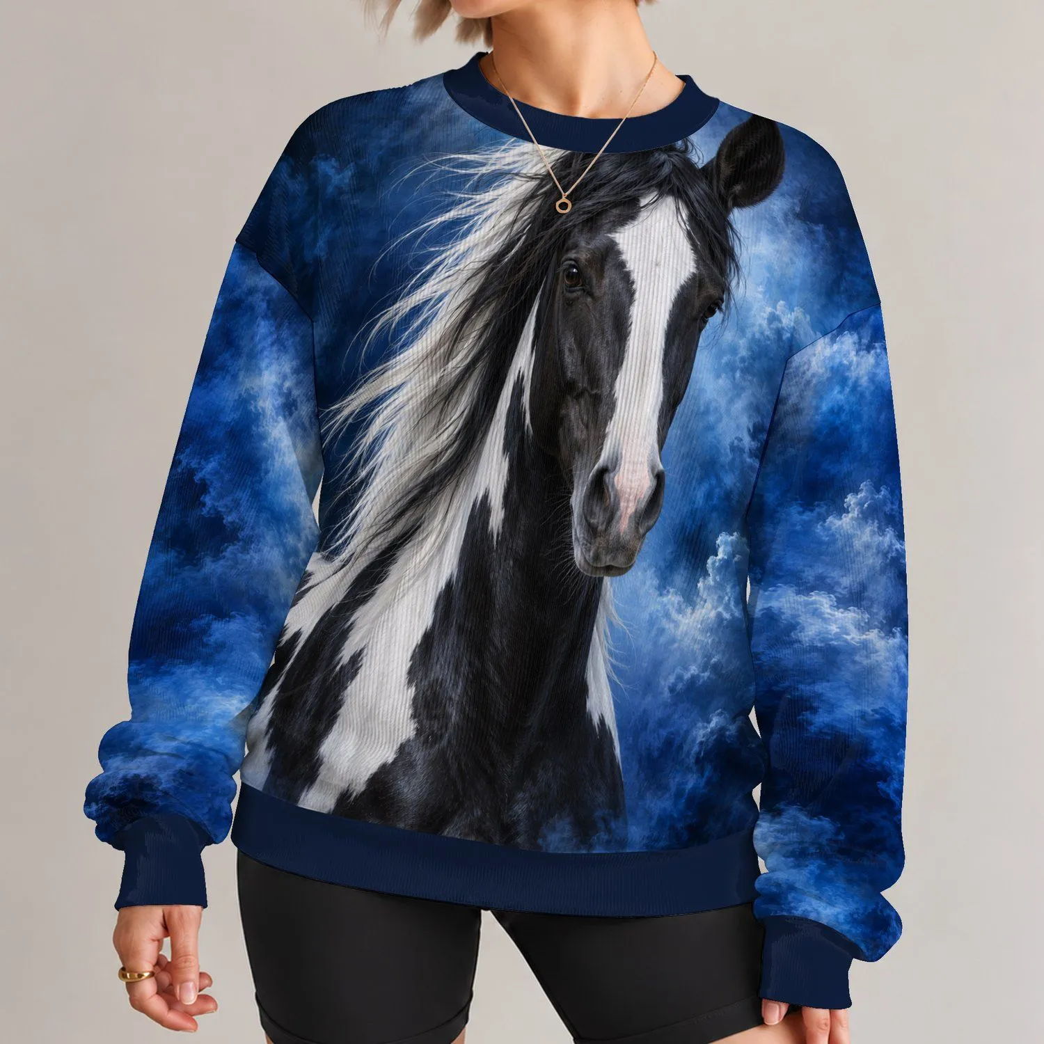 Black And White Pinto Horse Portrait For Equestrian Weekends And Relaxed Country Living All-over Print Knitted Sweater - 1