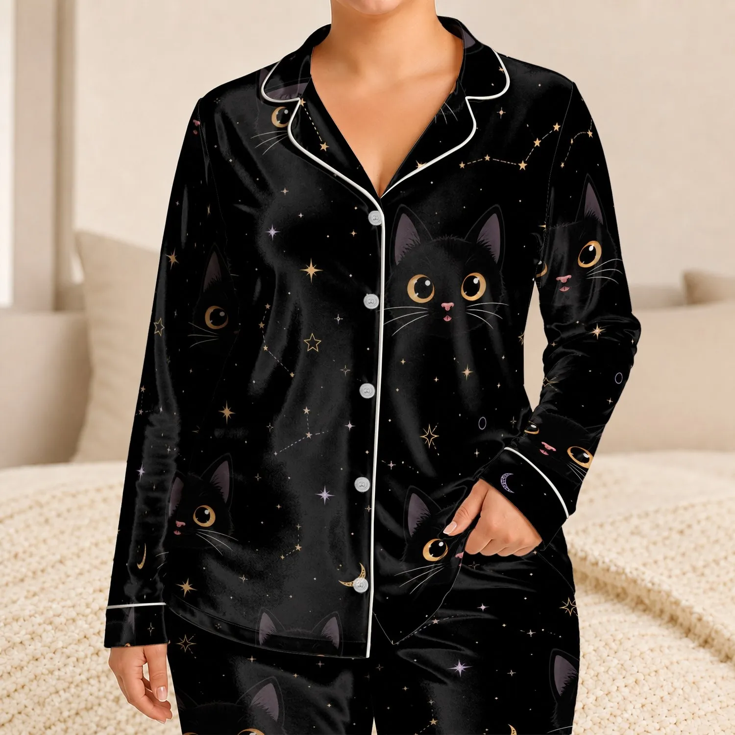 Celestial Black Cat Moonlit Lounge Wear for Cozy Home Nights, Gifts for Cat Fans Satin Pajamas Set - 1