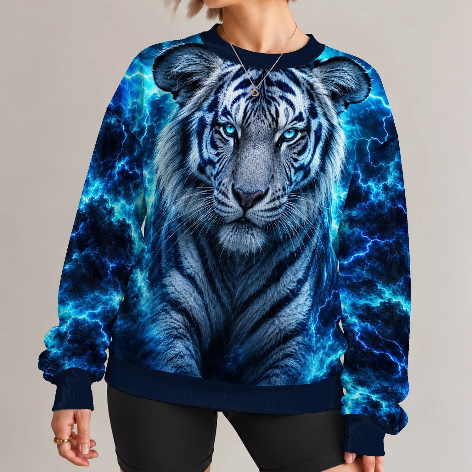Fierce Blue-Eyed Tiger And Electric Lightning For Bold Everyday Style All-over Print Knitted Sweater - 1