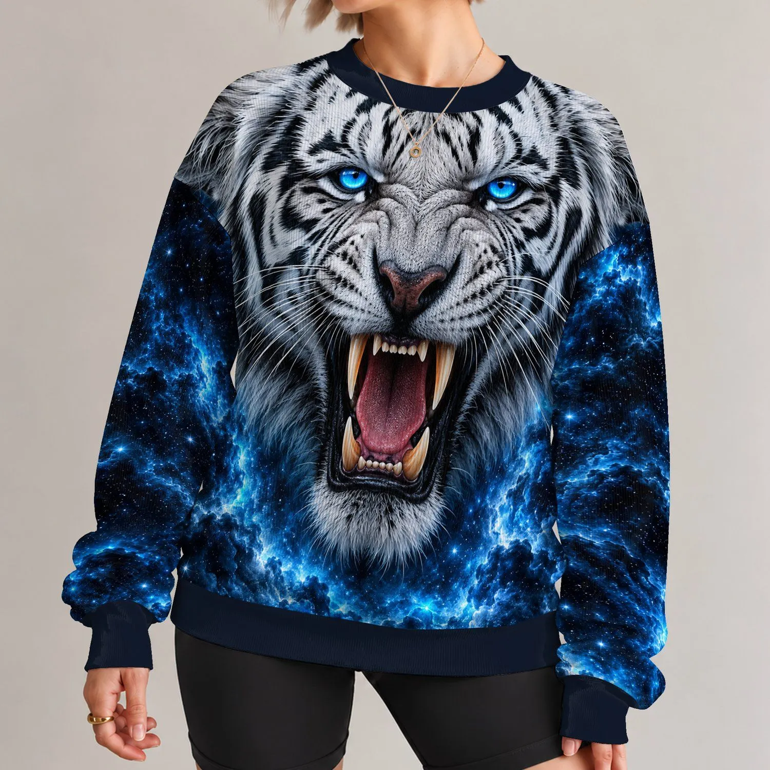 Roaring White Tiger With Blue Eyes for Bold Streetwear and Everyday Adventure All-over Print Knitted Sweater - 1