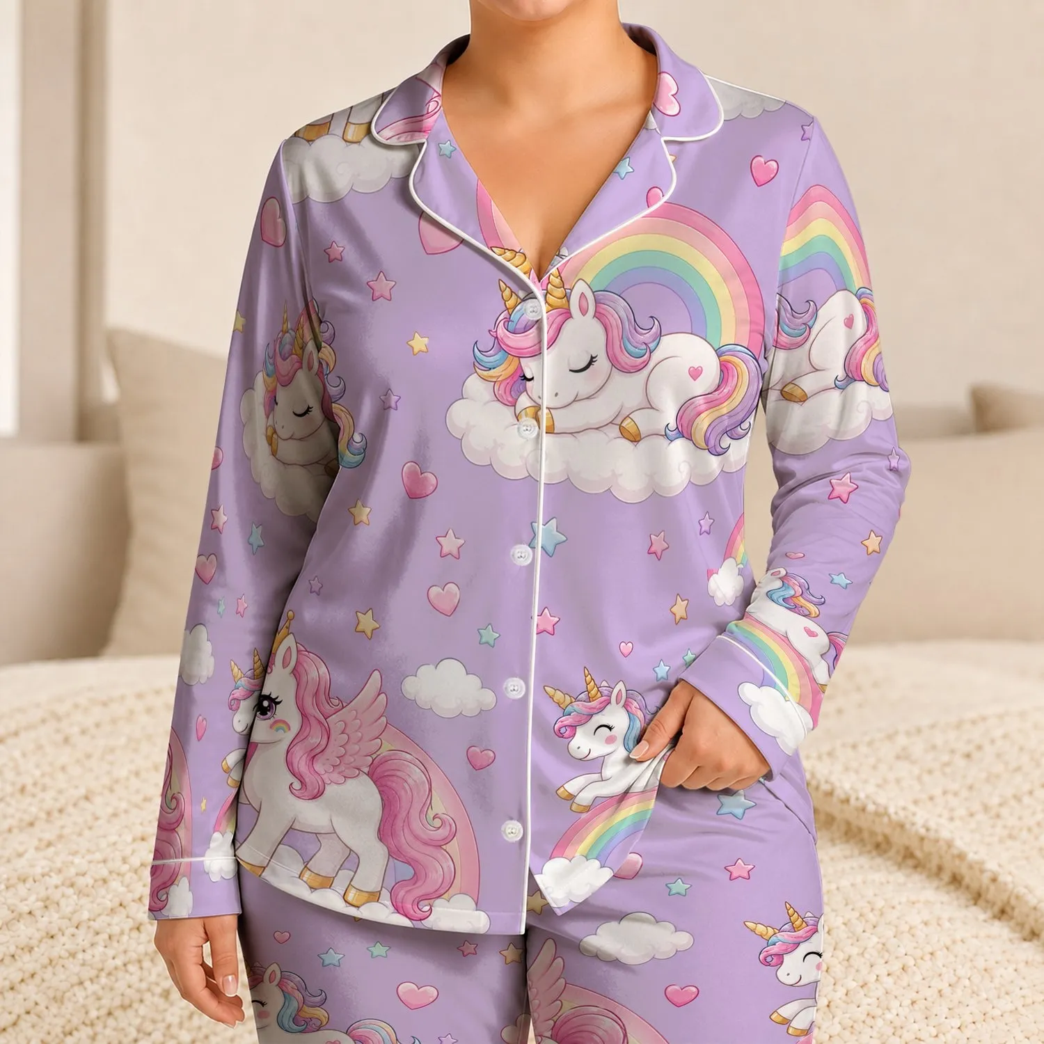 Pastel Cozy Unicorn And Rainbow Bedtime Wear For Girls, Gifts, And Lounging At Home Satin Pajamas Set - 1