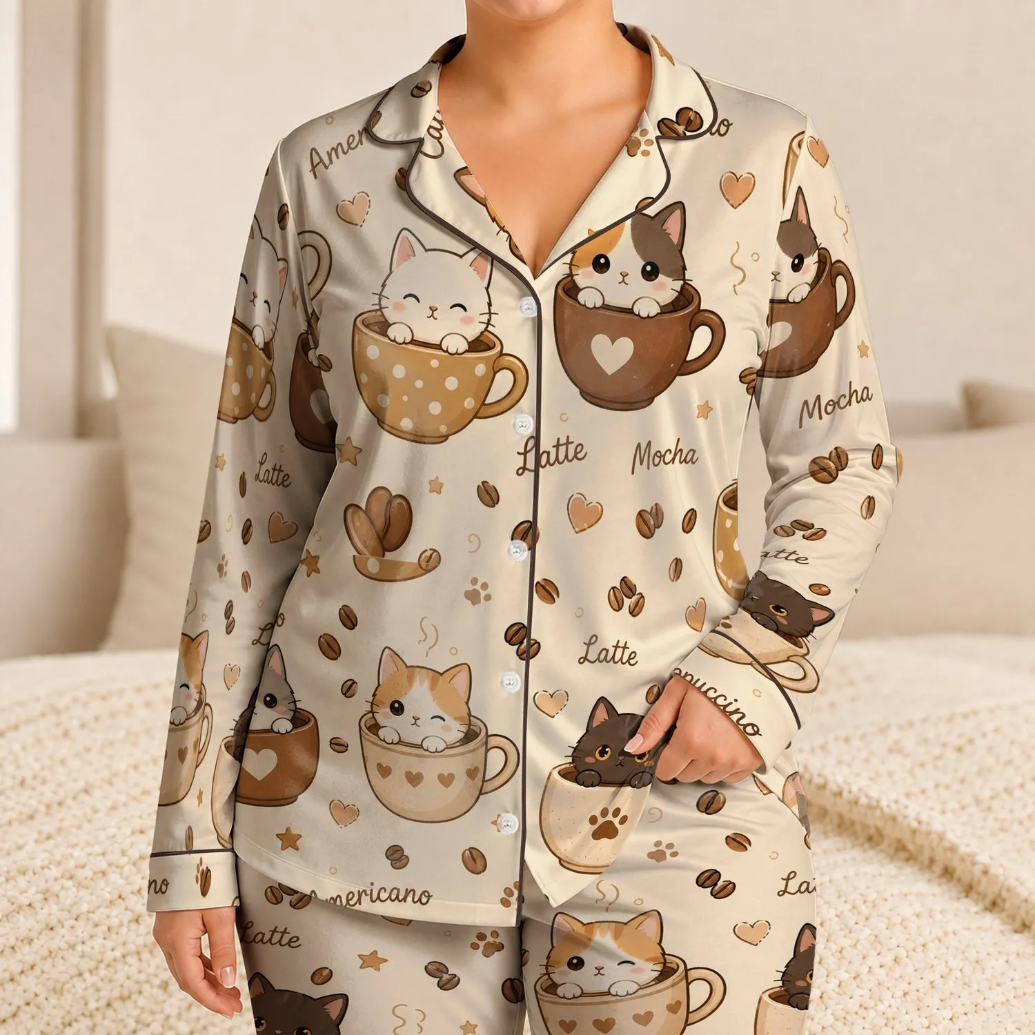 Cute Cat Cup Motifs For Cozy Coffee Breaks And Relaxed Home Evenings For Girls Gifts Satin Pajamas Set - 1