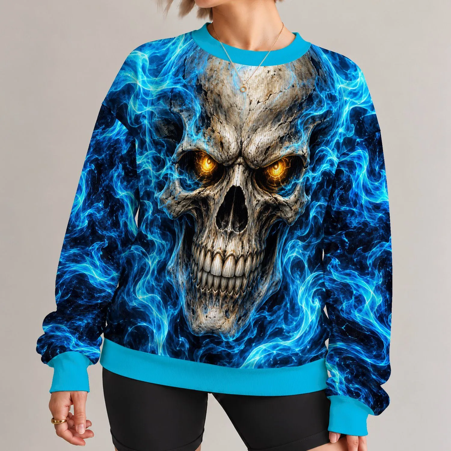 Glowing Skull With Electric Blue Flames for Halloween and Alternative Style Fans All-over Print Knitted Sweater - 1