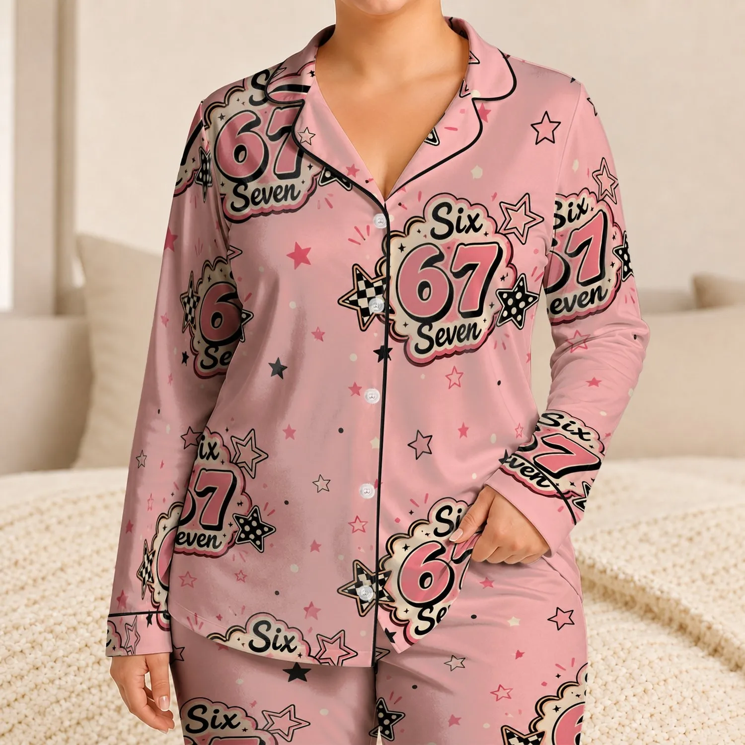 Girls Retro 67 Star Lounge Outfit For Cozy Bedtime, Sleepovers, And Gift Giving Ideas Satin Pajamas Set - 1