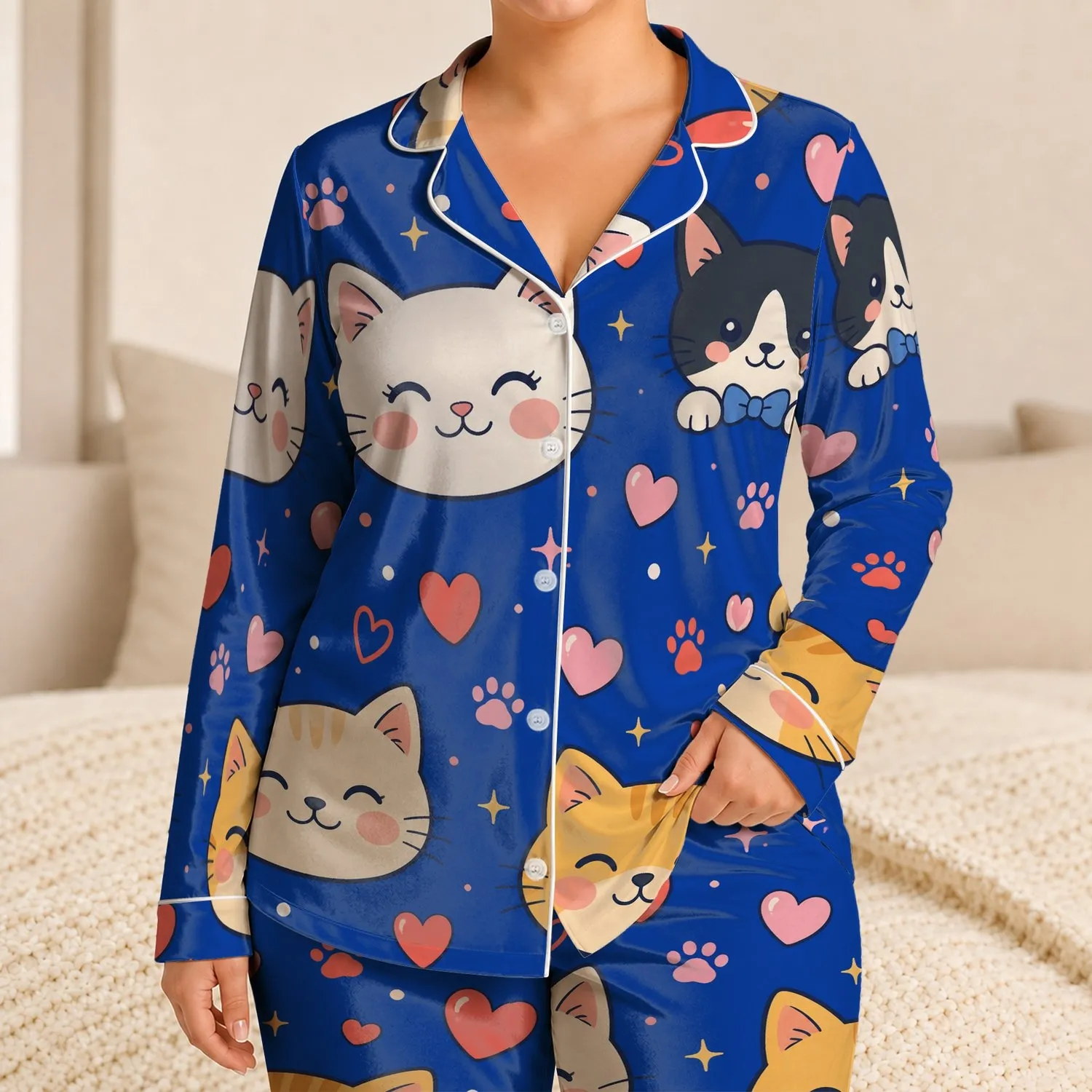 Kawaii Cat Faces Cozy Lounge Wear For Sleepovers, Gifts, And Relaxed Home Days For Women Satin Pajamas Set - 1