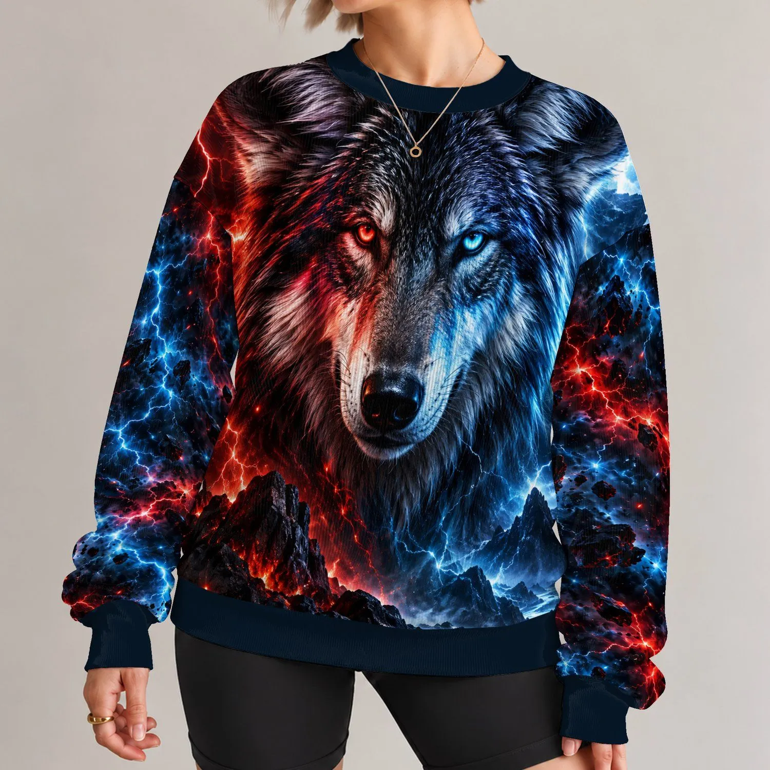 Neon Wolf Head With Lightning for Gym Training and Nighttime Outdoor Adventures All-over Print Knitted Sweater - 1