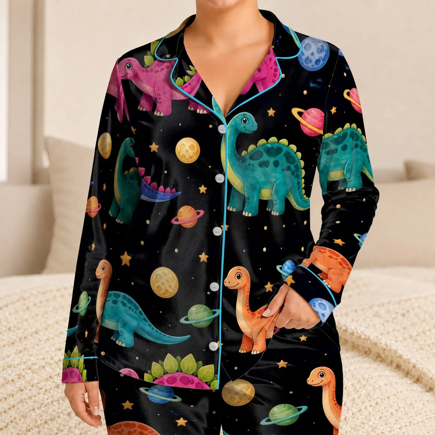 Midnight Space Dinosaur Starlight Sleepwear For Cozy Bedtime Kids Teens And Fans Satin Pajamas Set - 1