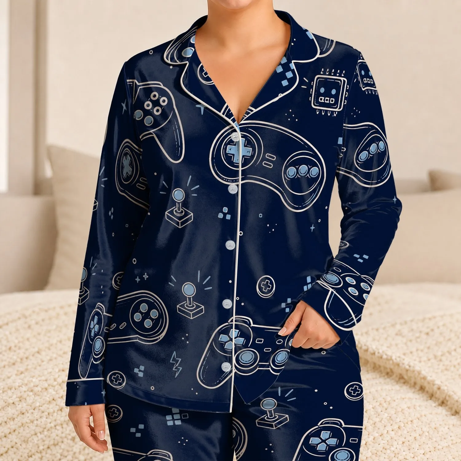 Retro Game Controller Motifs For Cozy Bedtime Wear For Gamer Kids And Teens At Home Satin Pajamas Set - 1