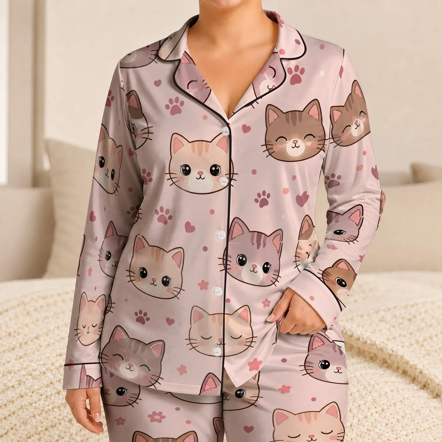 Kawaii Cat Faces On Blush Pink For Cozy Sleepovers And Gift Giving For Women And Teens Satin Pajamas Set - 1