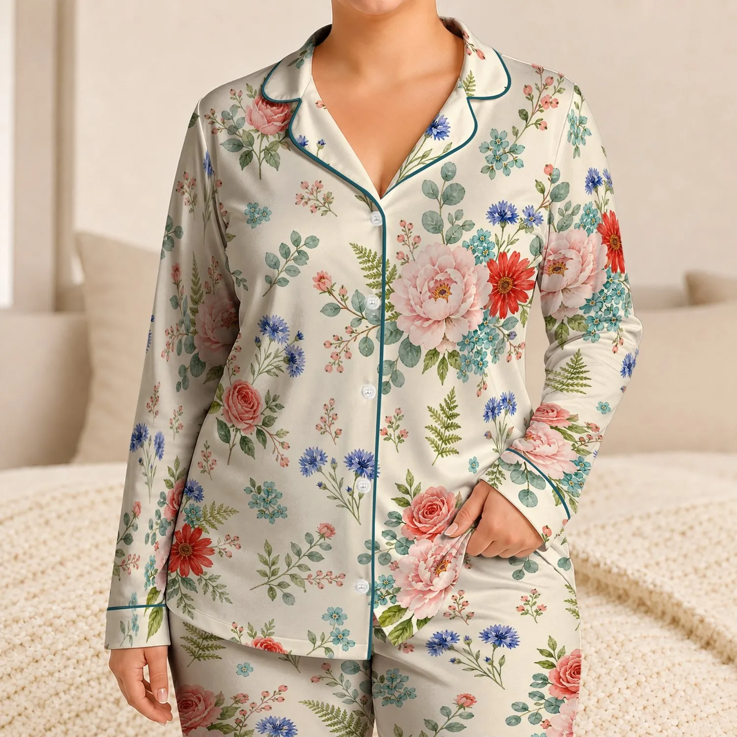 Blush Peony Blooms for Holiday Spring Evenings, Cozy Bedtime, Cottagecore Travel, Girls Satin Pajamas Set - 1