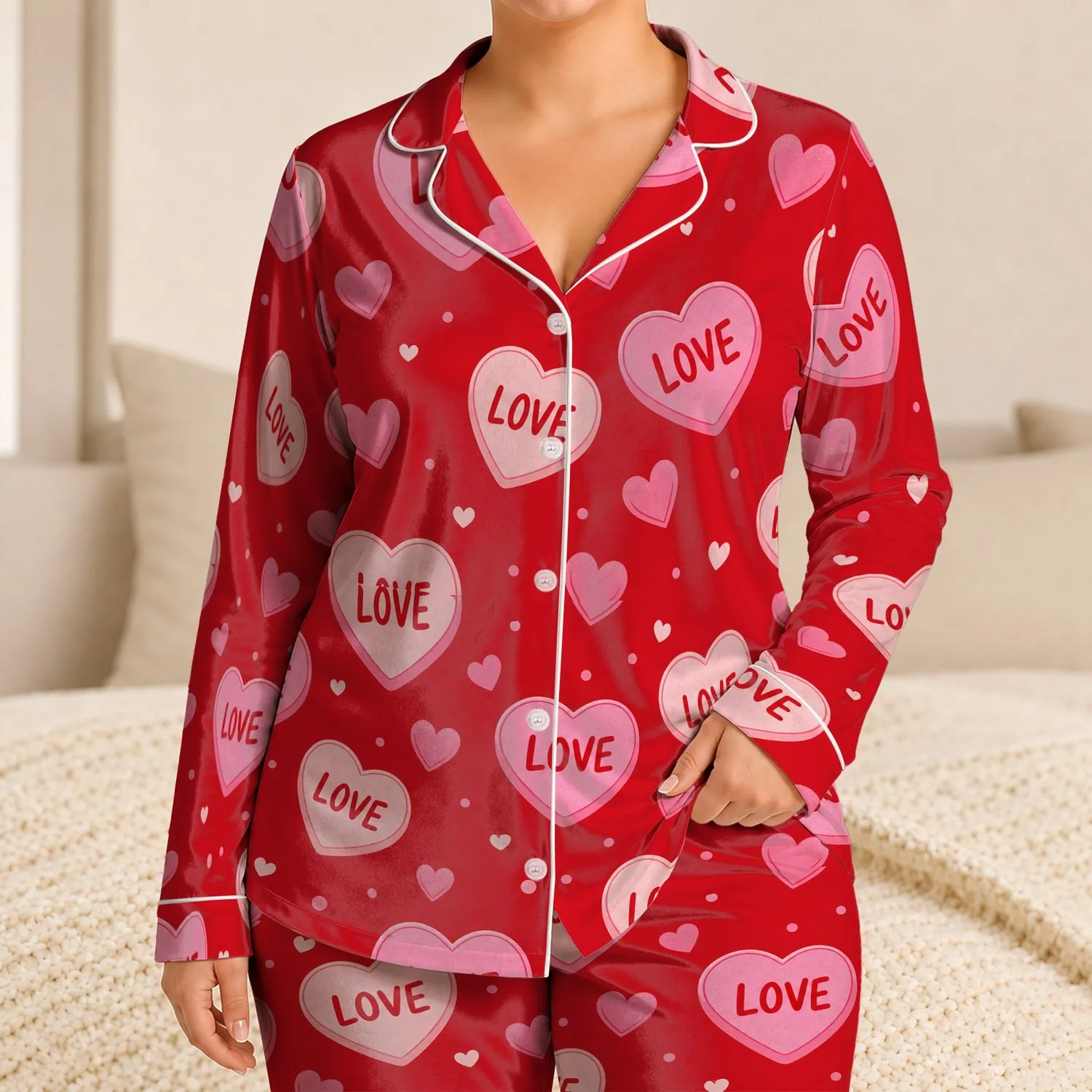Vintage Valentine Heart Motif Cozy Gift for Girls, Children, and Sweet Home Nights Satin Pajamas Set - 1