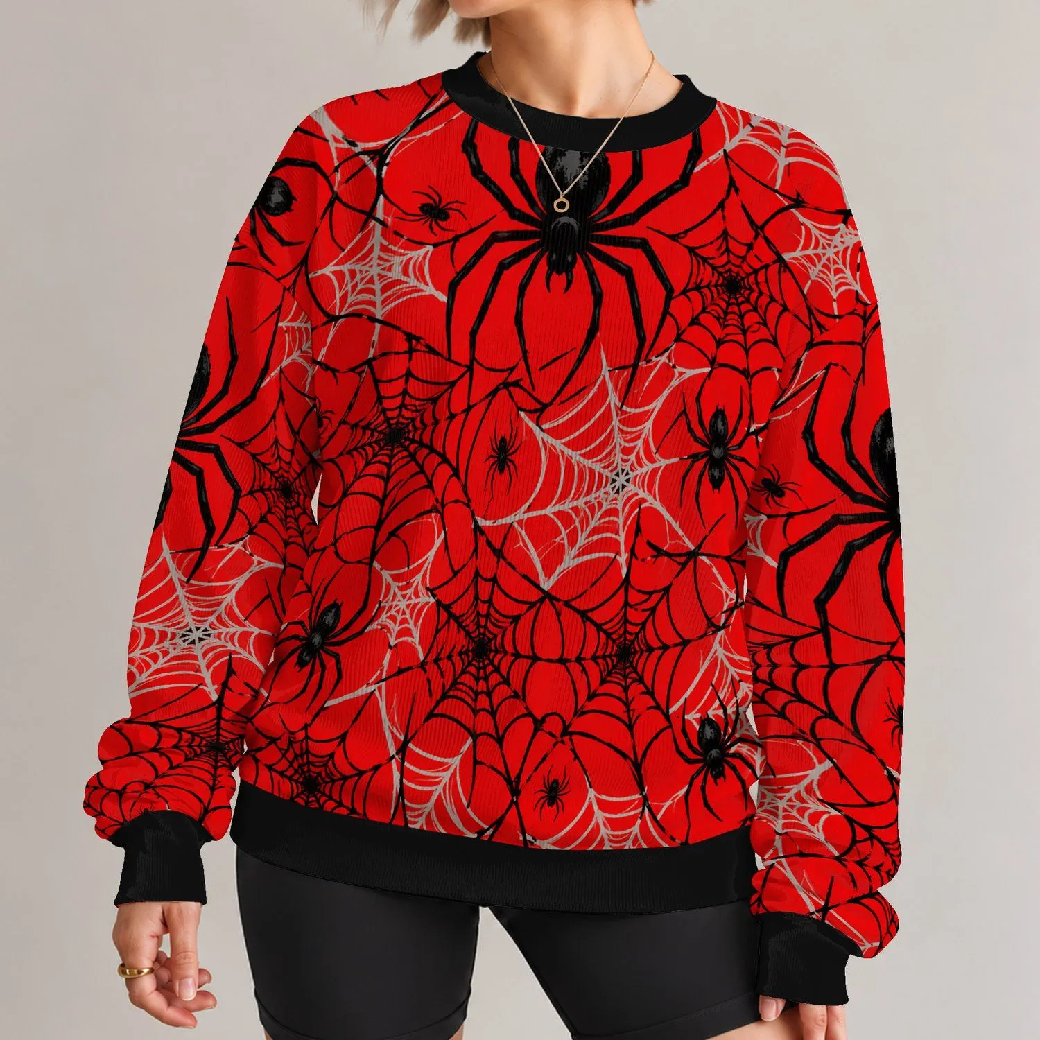 Bold Red Spiderweb Motifs for Halloween Nights and Everyday Alternative Streetwear Style All-over Print Knitted Sweater - 1