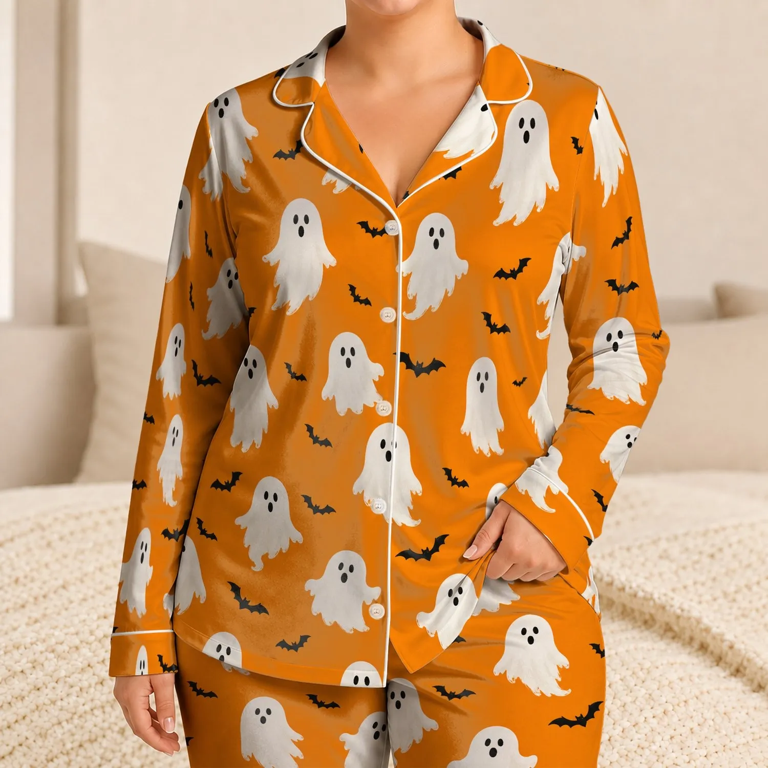 Halloween Ghost And Bat Motif For Cozy Autumn Nights, Great For Family Gift Giving Satin Pajamas Set - 1