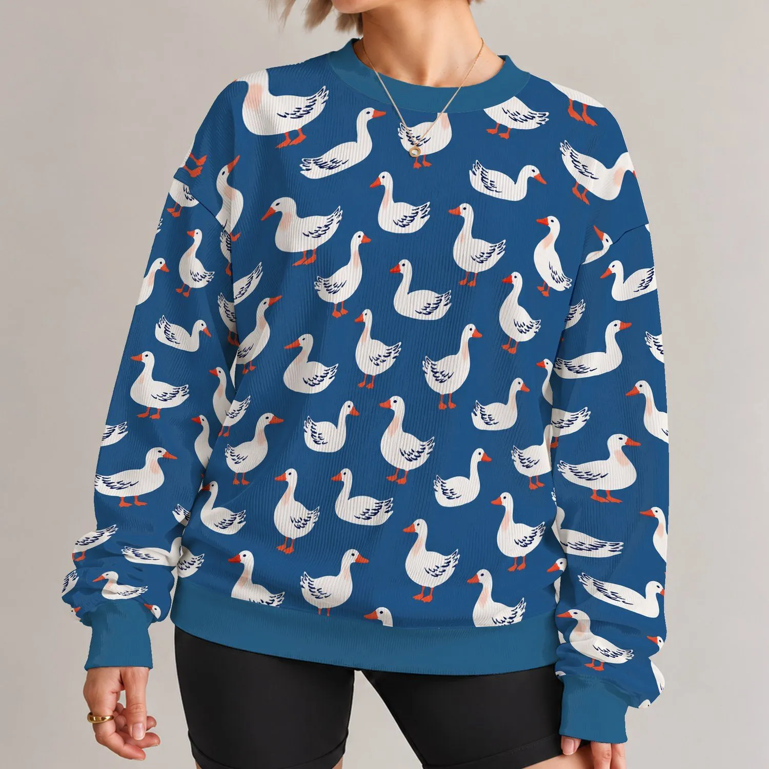 Playful White Duck Motif for Spring Outings, Casual Weekends and Everyday Country Style All-over Print Knitted Sweater - 1