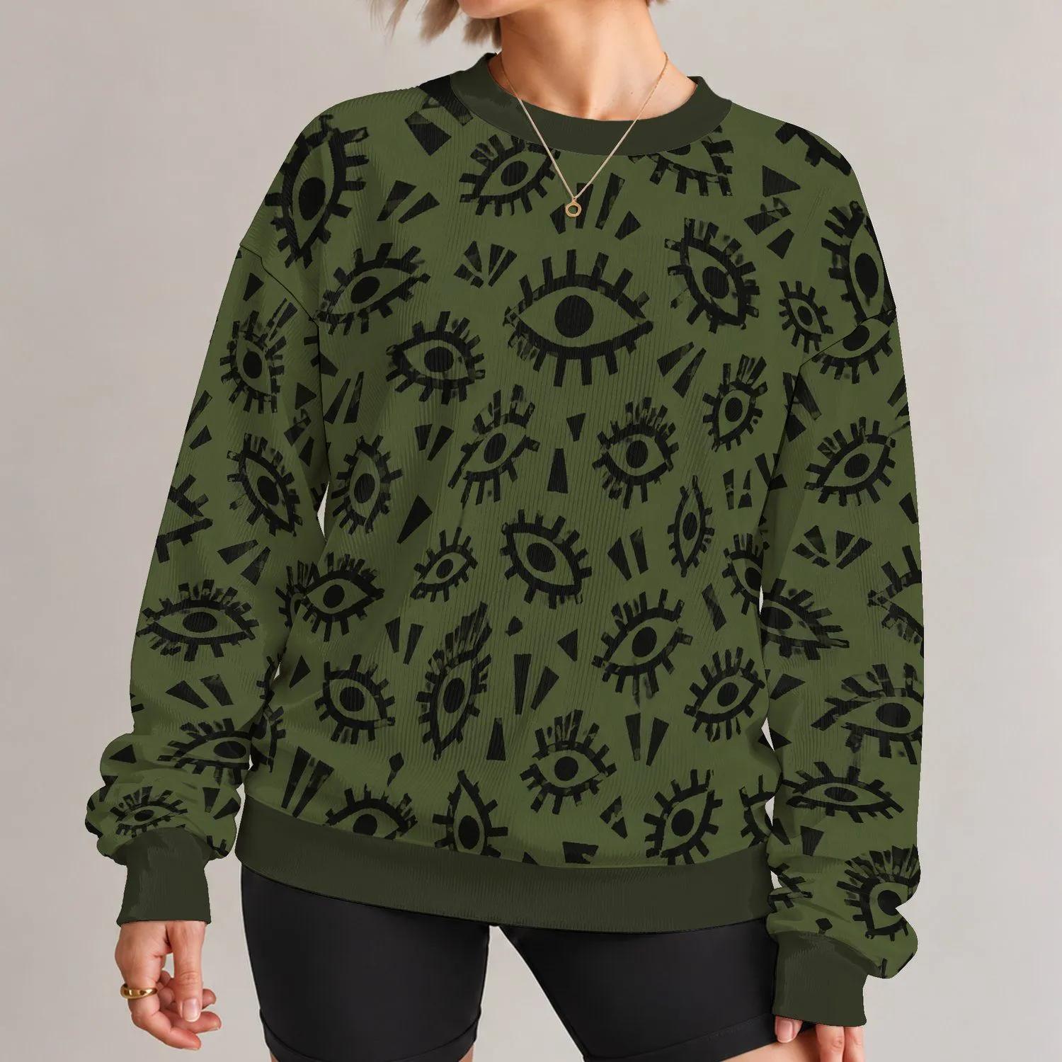 Olive And Charcoal Abstract Eye Motifs For Bold Autumn Streetwear And Everyday Style All-over Print Knitted Sweater - 1