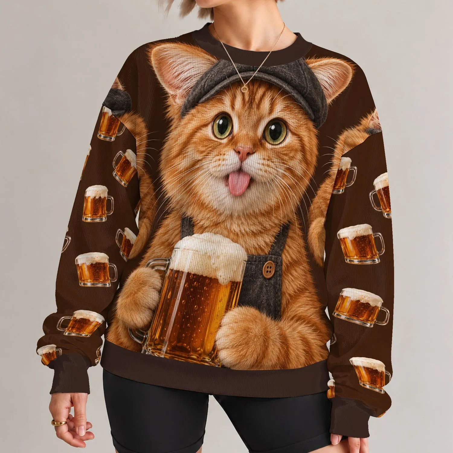 Ginger Tabby Cat With Foamy Ale Mug For Cozy Autumn Evenings And Relaxed Weekends All-over Print Knitted Sweater - 1
