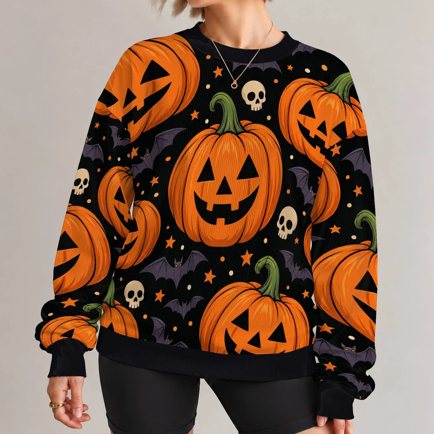 Jack-O’-Lanterns and Bats for Halloween Parties and Spooky Autumn Evening Outings All-over Print Knitted Sweater - 1