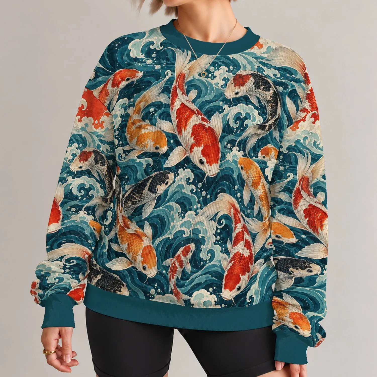 Red And White Koi Fish With Blue Waves For Japanese Culture Fans And Everyday Streetwear All-over Print Knitted Sweater - 1