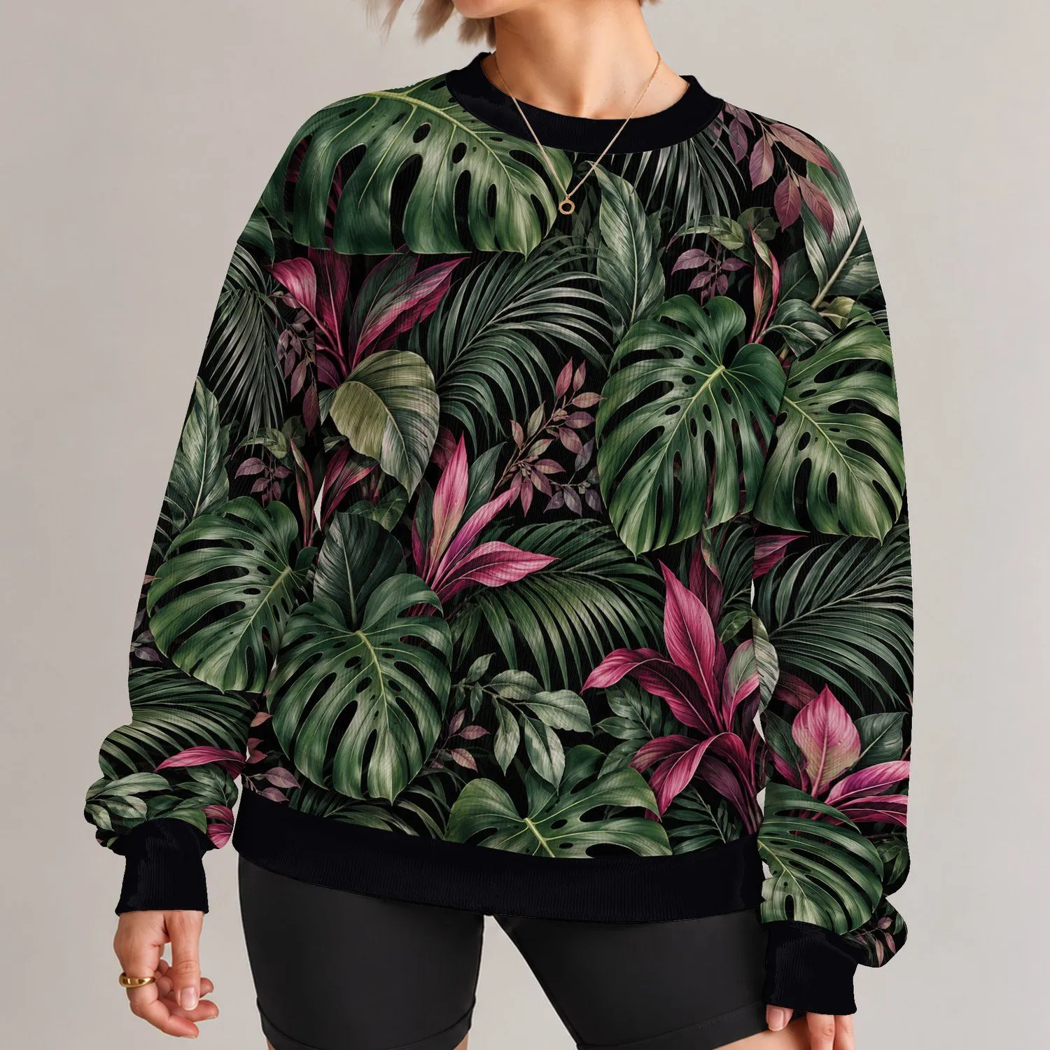 Tropical Monstera Palm Foliage for Beach Days and Outdoor Getaways All-over Print Knitted Sweater - 1