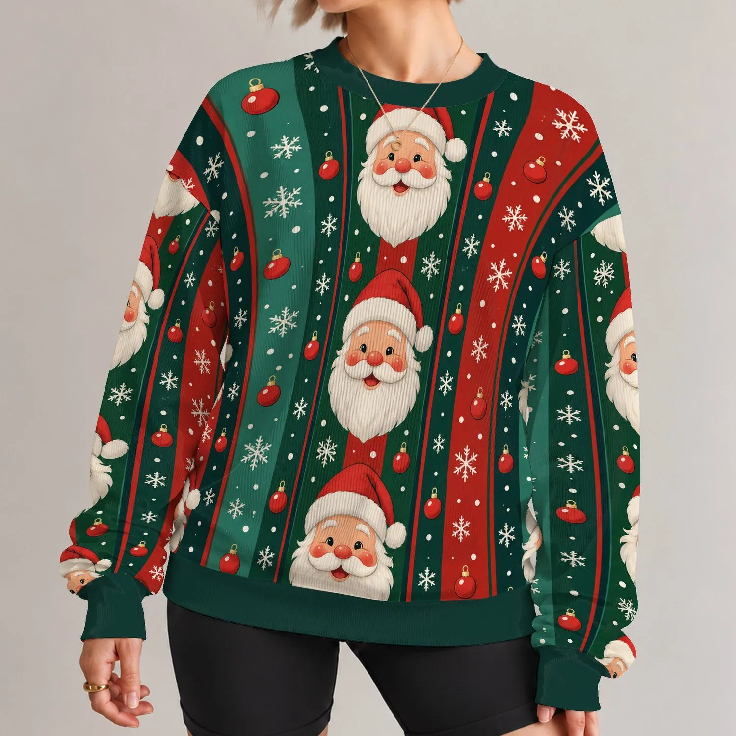Classic Santa Face Holiday Party Style with Red Green Snowfall Cheer for Men and Friends All-over Print Knitted Sweater - 1