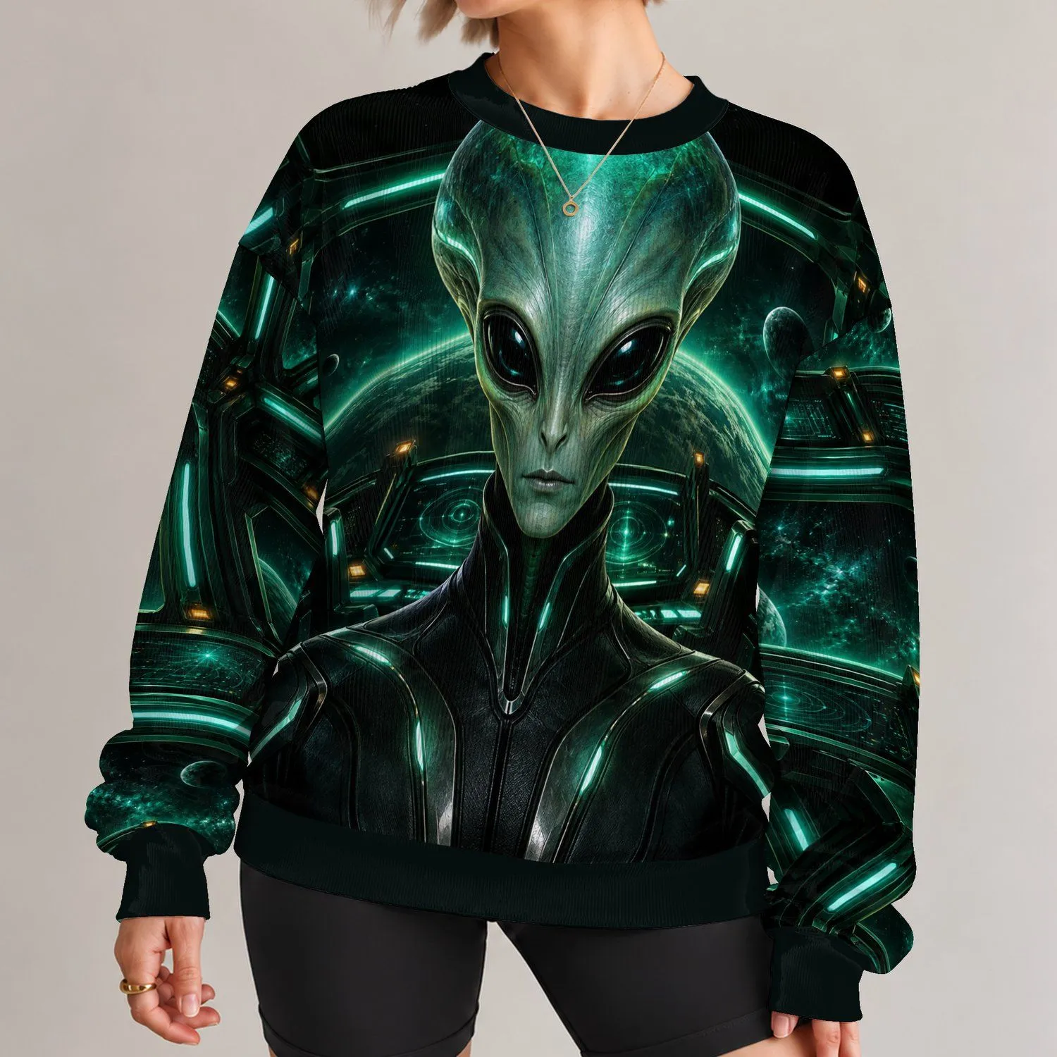Neon Green Alien Encounter For Halloween Nights And Sci-Fi Streetwear Fans Year-Round All-over Print Knitted Sweater - 1