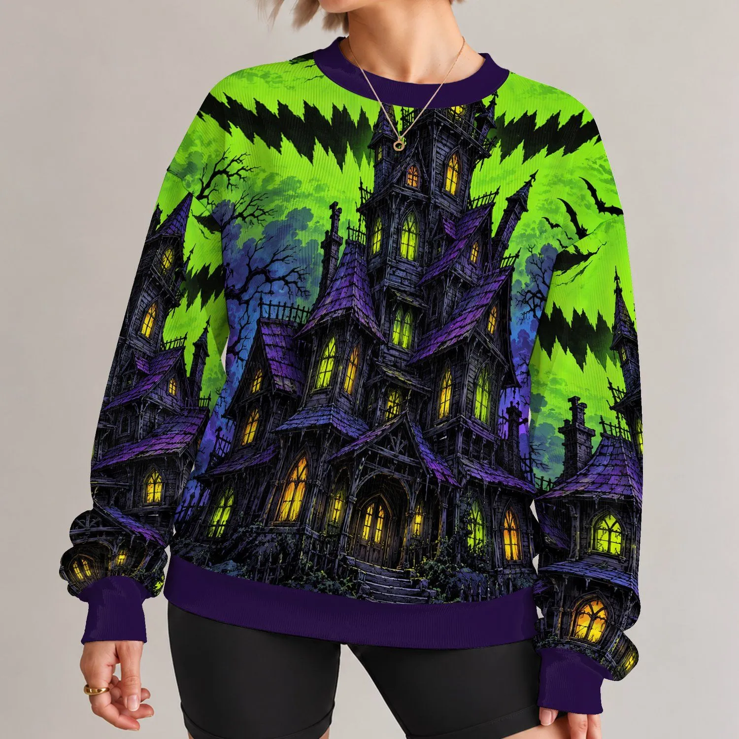 Neon Green Haunted House Halloween Party Look For Spooky Season Celebrations Adults All-over Print Knitted Sweater - 1