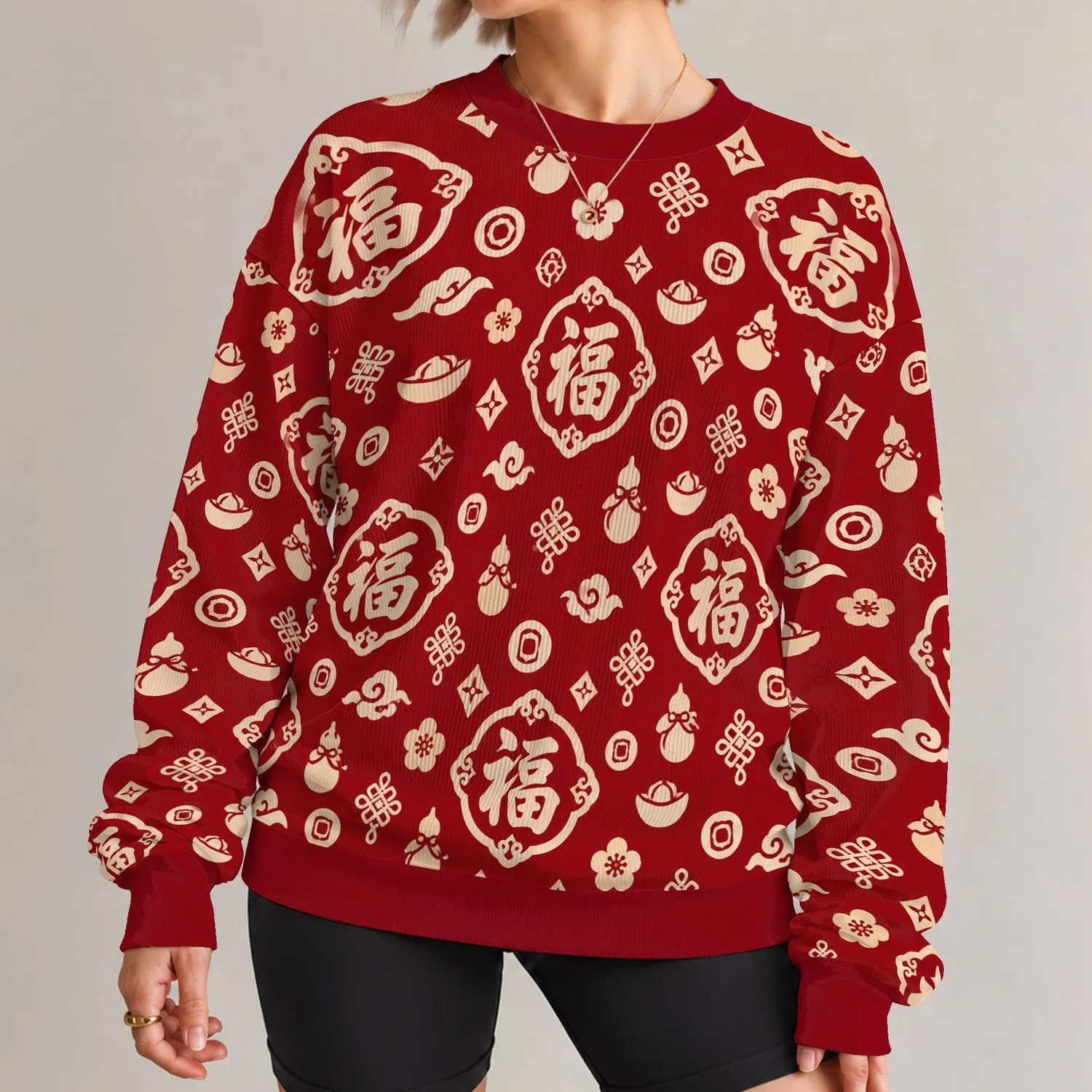 Chinese Fortune Symbols and Lucky Ingots for Lunar New Year Celebrations and Festive Wear All-over Print Knitted Sweater - 1